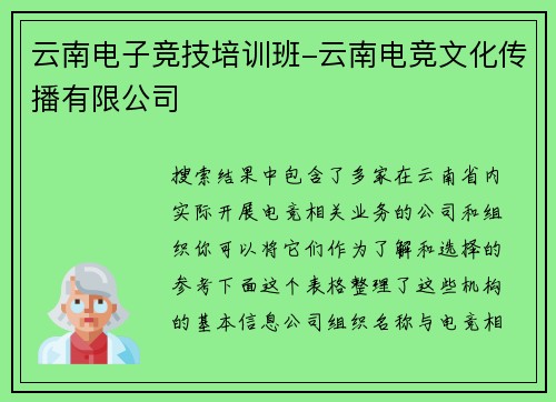 云南电子竞技培训班-云南电竞文化传播有限公司