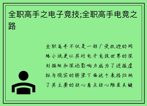 全职高手之电子竞技;全职高手电竞之路